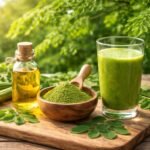 Friss moringa levelek, moringa por és olaj vizuális bemutatója az asztalon