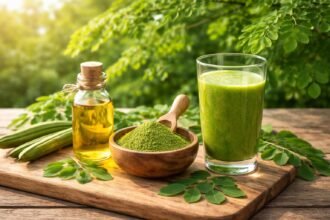 Friss moringa levelek, moringa por és olaj vizuális bemutatója az asztalon