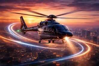 Felszálló helikopter a forgószárnyak felhajtóerejével és pilótai irányítással a levegőben