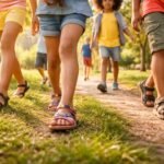 Napos parkban játszó gyerekek szandálban futnak, miközben anyukájuk fotózza őket