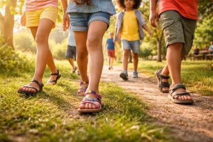 Napos parkban játszó gyerekek szandálban futnak, miközben anyukájuk fotózza őket