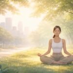 Nyugodt személy meditál egy csendes szobában, virággal és gyertyával a lágy fényben.