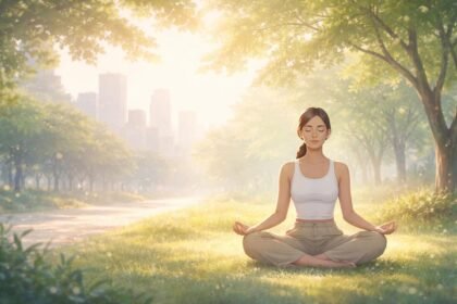 Nyugodt személy meditál egy csendes szobában, virággal és gyertyával a lágy fényben.