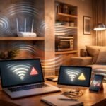 Wi-Fi jel erőssége és megakadás vizuális ábrázolása otthoni környezetben, ikonokkal