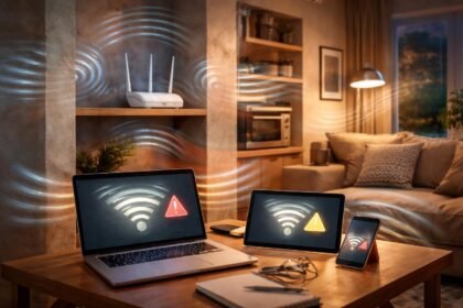 Wi-Fi jel erőssége és megakadás vizuális ábrázolása otthoni környezetben, ikonokkal