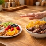 Barátságos munkaasztal egészséges nassolnivalókkal: zöldségek, gyümölcsök és diófélék könnyen elérhetők