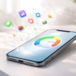Telefon tárhely hibaüzenete előtt álló felhasználó, fotók és alkalmazások ikonokkal