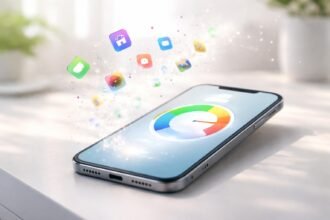 Telefon tárhely hibaüzenete előtt álló felhasználó, fotók és alkalmazások ikonokkal