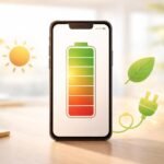 Okostelefon energiatakarékos beállításokkal, töltő közelében, ikonok és grafikonok láthatók a képernyőn