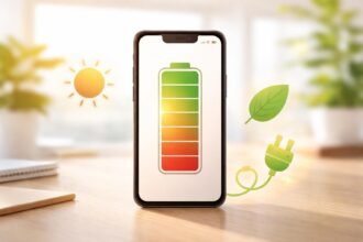 Okostelefon energiatakarékos beállításokkal, töltő közelében, ikonok és grafikonok láthatók a képernyőn