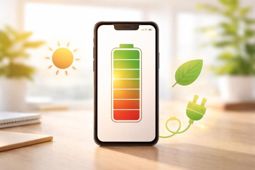 Okostelefon energiatakarékos beállításokkal, töltő közelében, ikonok és grafikonok láthatók a képernyőn