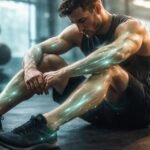 Izomlázban tartott sportoló nyújtózik otthon vagy edzőteremben a hatékony regenerációért edzés utáni gyorsabb felépülésre törekedve