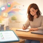 Emberek dolgoznak csendes irodában, mérsékelt fényben, laptop és notesz a fókusz jelképei