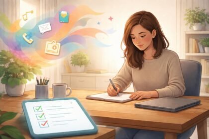 Emberek dolgoznak csendes irodában, mérsékelt fényben, laptop és notesz a fókusz jelképei