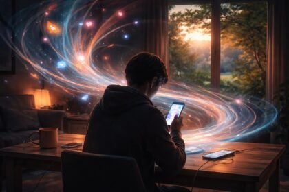 Képernyő előtt ülő ember, kísérletezik a digitális tudatossággal, figyelmét és idejét irányítva.
